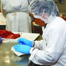 Woman in hairnet, gloves, and lab coat, writes on package