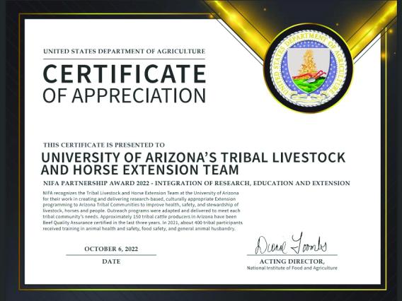 NIFA certificate of appreciation